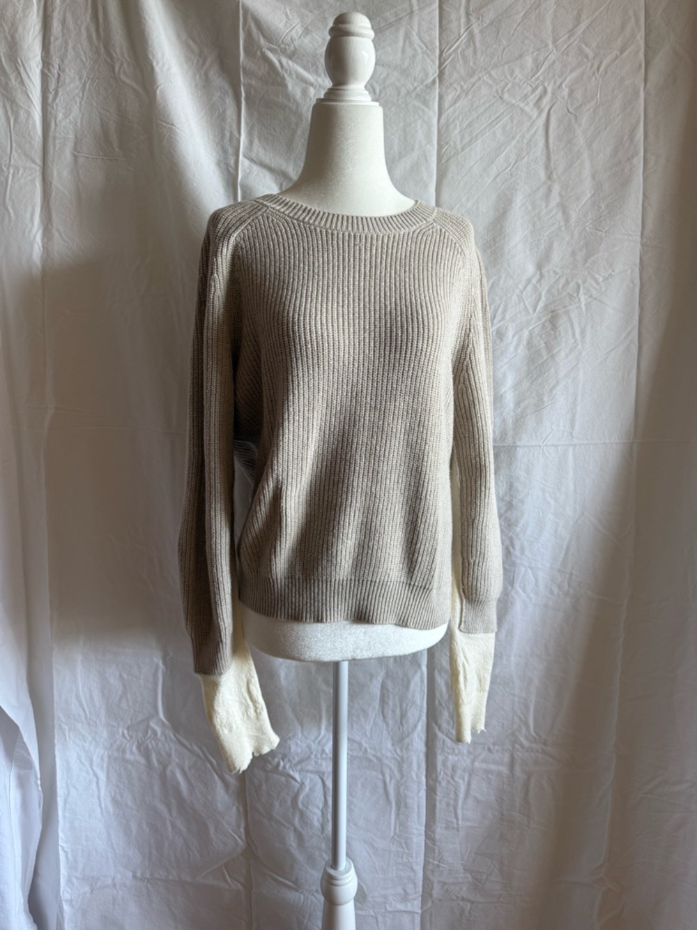 Helmut Lang Authentic Cashmere Two-Tone Ribbed Crewneck Sweater in Beige & Cream